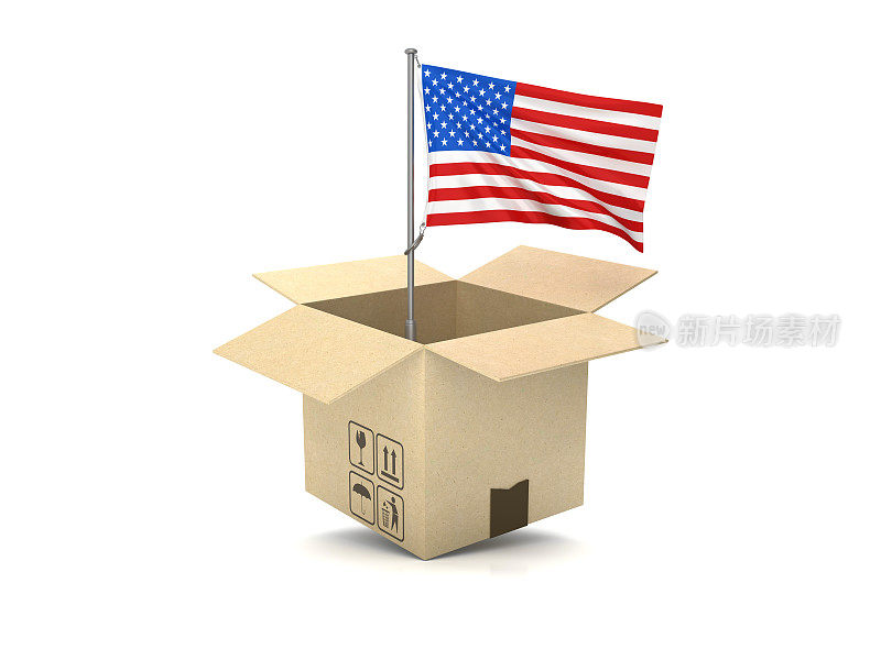 美国国旗在纸板箱- 3D渲染